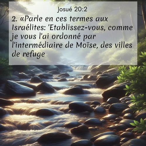 Segond21 Josué  ; image nature: image avec le verset biblique :«Parle en ces termes aux Israélites: &#039;Etablissez-vous, comme je vous l&#039;ai ordonné par l&#039;intermédiaire de Moïse, des villes de refuge: ;  ; 20:2