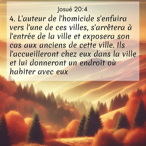 Segond21 Josué  ; image nature: image avec le verset biblique :L&#039;auteur de l&#039;homicide s&#039;enfuira vers l&#039;une de ces villes, s&#039;arrêtera à l&#039;entrée de la ville et exposera son cas aux anciens de cette ville. Ils l&#039;accueilleront chez eux dans la ville et lui donneront un endroit où habiter avec eux. ;  ; 20:4