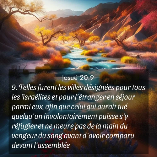 Segond21 Josué  ; image nature: image avec le verset biblique :Telles furent les villes désignées pour tous les Israélites et pour l&#039;étranger en séjour parmi eux, afin que celui qui aurait tué quelqu&#039;un involontairement puisse s&#039;y réfugier et ne meure pas de la main du vengeur du sang avant d&#039;avoir comparu devant l&#039;assemblée. ;  ; 20:9