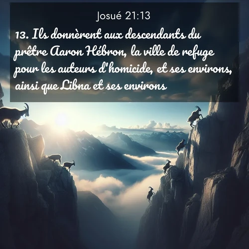 Segond21 Josué  ; image nature: image avec le verset biblique :Ils donnèrent aux descendants du prêtre Aaron Hébron, la ville de refuge pour les auteurs d&#039;homicide, et ses environs, ainsi que Libna et ses environs, ;  ; 21:13