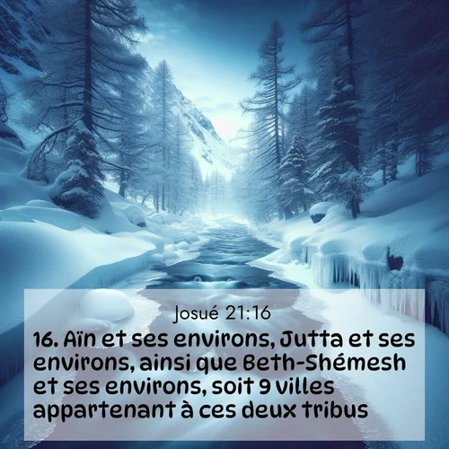 Segond21 Josué  ; image nature: image avec le verset biblique :Aïn et ses environs, Jutta et ses environs, ainsi que Beth-Shémesh et ses environs, soit 9 villes appartenant à ces deux tribus. ;  ; 21:16