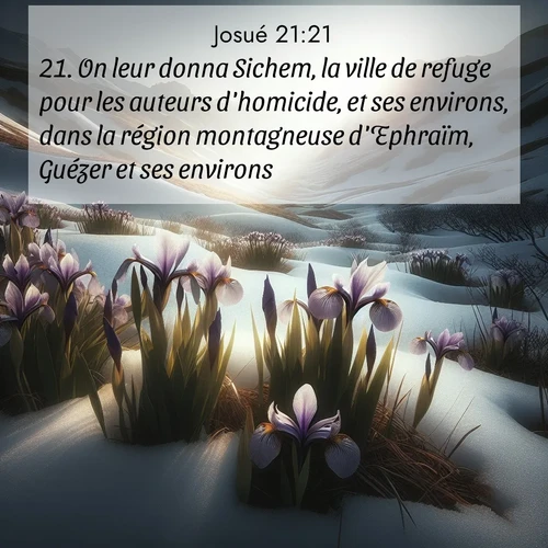 Segond21 Josué  ; image nature: image avec le verset biblique :On leur donna Sichem, la ville de refuge pour les auteurs d&#039;homicide, et ses environs, dans la région montagneuse d&#039;Ephraïm, Guézer et ses environs, ;  ; 21:21