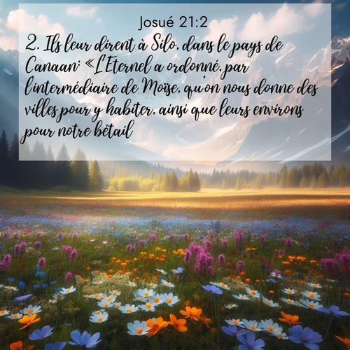Segond21 Josué  ; image nature: image avec le verset biblique :Ils leur dirent à Silo, dans le pays de Canaan: «L&#039;Eternel a ordonné, par l&#039;intermédiaire de Moïse, qu&#039;on nous donne des villes pour y habiter, ainsi que leurs environs pour notre bétail.» ;  ; 21:2