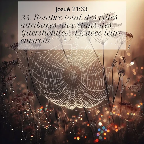 Segond21 Josué  ; image nature: image avec le verset biblique :Nombre total des villes attribuées aux clans des Guershonites: 13, avec leurs environs. ;  ; 21:33