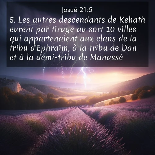Segond21 Josué  ; image nature: image avec le verset biblique :Les autres descendants de Kehath eurent par tirage au sort 10 villes qui appartenaient aux clans de la tribu d&#039;Ephraïm, à la tribu de Dan et à la demi-tribu de Manassé. ;  ; 21:5