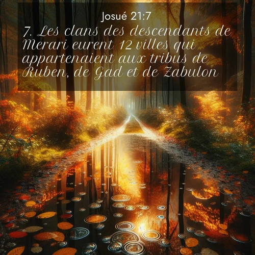 Segond21 Josué  ; image nature: image avec le verset biblique :Les clans des descendants de Merari eurent 12 villes qui appartenaient aux tribus de Ruben, de Gad et de Zabulon. ;  ; 21:7