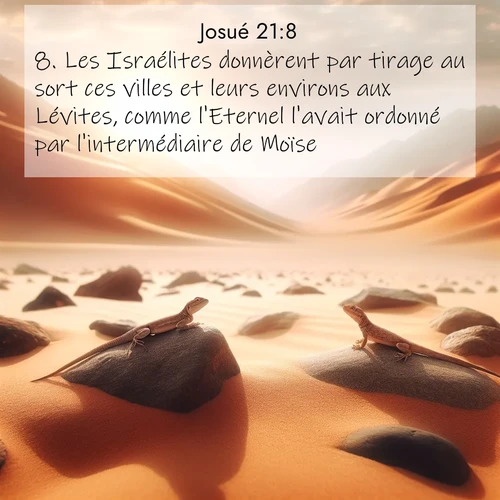 Segond21 Josué  ; image nature: image avec le verset biblique :Les Israélites donnèrent par tirage au sort ces villes et leurs environs aux Lévites, comme l&#039;Eternel l&#039;avait ordonné par l&#039;intermédiaire de Moïse. ;  ; 21:8
