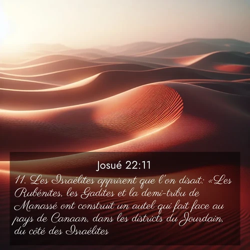 Segond21 Josué  ; image nature: image avec le verset biblique :Les Israélites apprirent que l&#039;on disait: «Les Rubénites, les Gadites et la demi-tribu de Manassé ont construit un autel qui fait face au pays de Canaan, dans les districts du Jourdain, du côté des Israélites.» ;  ; 22:11