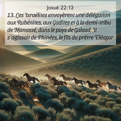 Segond21 Josué  ; image nature: image avec le verset biblique :Les Israélites envoyèrent une délégation aux Rubénites, aux Gadites et à la demi-tribu de Manassé, dans le pays de Galaad. Il s&#039;agissait de Phinées, le fils du prêtre Eléazar, ;  ; 22:13