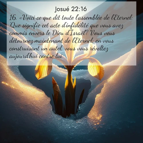 Segond21 Josué  ; image nature: image avec le verset biblique :«Voici ce que dit toute l&#039;assemblée de l&#039;Eternel: &#039;Que signifie cet acte d&#039;infidélité que vous avez commis envers le Dieu d&#039;Israël? Vous vous détournez maintenant de l&#039;Eternel; en vous construisant un autel, vous vous révoltez aujourd&#039;hui contre lui.&#039; ;  ; 22:16