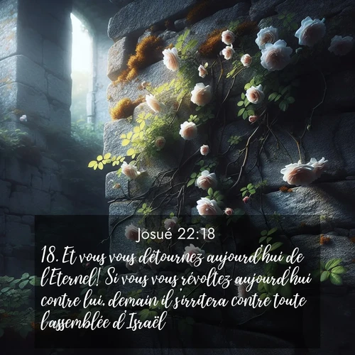 Segond21 Josué  ; image nature: image avec le verset biblique :Et vous vous détournez aujourd&#039;hui de l&#039;Eternel! Si vous vous révoltez aujourd&#039;hui contre lui, demain il s&#039;irritera contre toute l&#039;assemblée d&#039;Israël. ;  ; 22:18