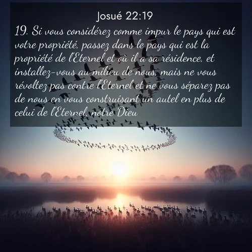 Segond21 Josué  ; image nature: image avec le verset biblique :Si vous considérez comme impur le pays qui est votre propriété, passez dans le pays qui est la propriété de l&#039;Eternel et où il a sa résidence, et installez-vous au milieu de nous, mais ne vous révoltez pas contre l&#039;Eternel et ne vous séparez pas de nous en vous construisant un autel en plus de celui de l&#039;Eternel, notre Dieu! ;  ; 22:19