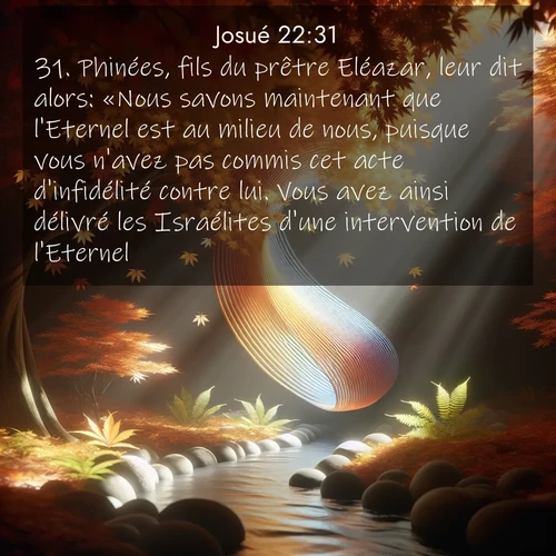 Segond21 Josué  ; image nature: image avec le verset biblique :Phinées, fils du prêtre Eléazar, leur dit alors: «Nous savons maintenant que l&#039;Eternel est au milieu de nous, puisque vous n&#039;avez pas commis cet acte d&#039;infidélité contre lui. Vous avez ainsi délivré les Israélites d&#039;une intervention de l&#039;Eternel.» ;  ; 22:31