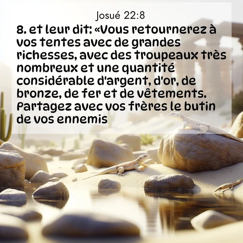 Segond21 Josué  ; image nature: image avec le verset biblique :et leur dit: «Vous retournerez à vos tentes avec de grandes richesses, avec des troupeaux très nombreux et une quantité considérable d&#039;argent, d&#039;or, de bronze, de fer et de vêtements. Partagez avec vos frères le butin de vos ennemis.» ;  ; 22:8