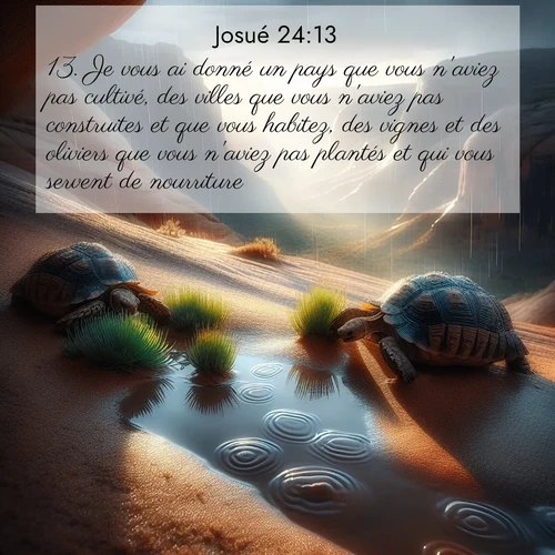 Segond21 Josué  ; image nature: image avec le verset biblique :Je vous ai donné un pays que vous n&#039;aviez pas cultivé, des villes que vous n&#039;aviez pas construites et que vous habitez, des vignes et des oliviers que vous n&#039;aviez pas plantés et qui vous servent de nourriture.&#039; ;  ; 24:13