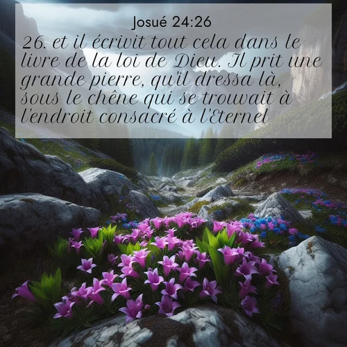 Segond21 Josué  ; image nature: image avec le verset biblique :et il écrivit tout cela dans le livre de la loi de Dieu. Il prit une grande pierre, qu&#039;il dressa là, sous le chêne qui se trouvait à l&#039;endroit consacré à l&#039;Eternel. ;  ; 24:26