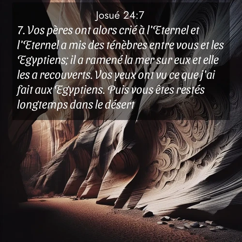 Segond21 Josué  ; image nature: image avec le verset biblique :Vos pères ont alors crié à l&#039;Eternel et l&#039;Eternel a mis des ténèbres entre vous et les Egyptiens; il a ramené la mer sur eux et elle les a recouverts. Vos yeux ont vu ce que j&#039;ai fait aux Egyptiens. Puis vous êtes restés longtemps dans le désert. ;  ; 24:7