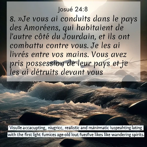 Segond21 Josué  ; image nature: image avec le verset biblique :»Je vous ai conduits dans le pays des Amoréens, qui habitaient de l&#039;autre côté du Jourdain, et ils ont combattu contre vous. Je les ai livrés entre vos mains. Vous avez pris possession de leur pays et je les ai détruits devant vous. ;  ; 24:8