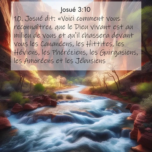 Segond21 Josué  ; image nature: image avec le verset biblique :Josué dit: «Voici comment vous reconnaîtrez que le Dieu vivant est au milieu de vous et qu&#039;il chassera devant vous les Cananéens, les Hittites, les Héviens, les Phéréziens, les Guirgasiens, les Amoréens et les Jébusiens: ;  ; 3:10
