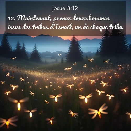 Segond21 Josué  ; image nature: image avec le verset biblique :Maintenant, prenez douze hommes issus des tribus d&#039;Israël, un de chaque tribu. ;  ; 3:12