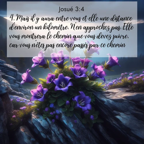 Segond21 Josué  ; image nature: image avec le verset biblique :Mais il y aura entre vous et elle une distance d&#039;environ un kilomètre. N&#039;en approchez pas. Elle vous montrera le chemin que vous devez suivre, car vous n&#039;êtes pas encore passés par ce chemin.» ;  ; 3:4