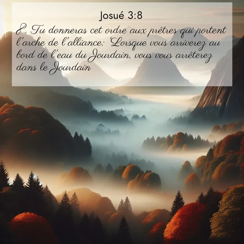 Segond21 Josué  ; image nature: image avec le verset biblique :Tu donneras cet ordre aux prêtres qui portent l&#039;arche de l&#039;alliance: &#039;Lorsque vous arriverez au bord de l&#039;eau du Jourdain, vous vous arrêterez dans le Jourdain.&#039;» ;  ; 3:8