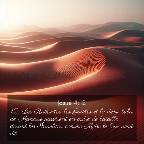 Segond21 Josué  ; image nature: image avec le verset biblique :Les Rubénites, les Gadites et la demi-tribu de Manassé passèrent en ordre de bataille devant les Israélites, comme Moïse le leur avait dit. ;  ; 4:12