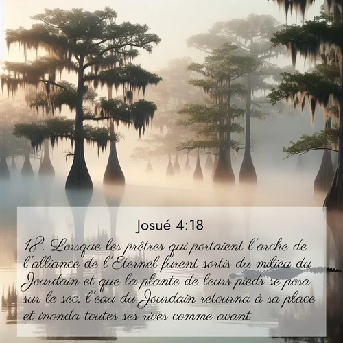 Segond21 Josué  ; image nature: image avec le verset biblique :Lorsque les prêtres qui portaient l&#039;arche de l&#039;alliance de l&#039;Eternel furent sortis du milieu du Jourdain et que la plante de leurs pieds se posa sur le sec, l&#039;eau du Jourdain retourna à sa place et inonda toutes ses rives comme avant. ;  ; 4:18