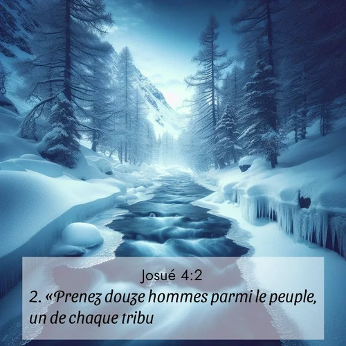 Segond21 Josué  ; image nature: image avec le verset biblique :«Prenez douze hommes parmi le peuple, un de chaque tribu. ;  ; 4:2