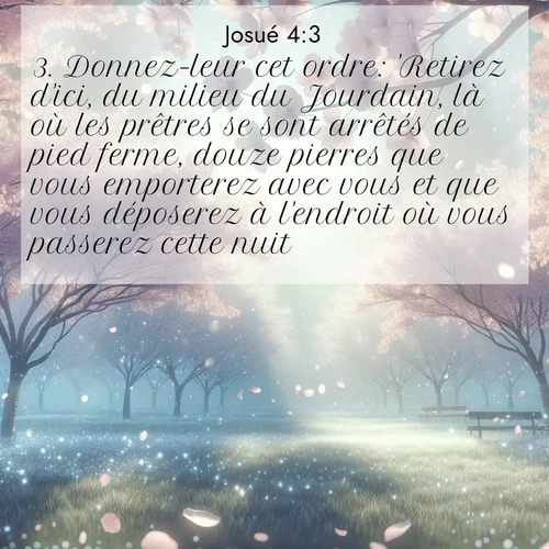 Segond21 Josué  ; image nature: image avec le verset biblique :Donnez-leur cet ordre: &#039;Retirez d&#039;ici, du milieu du Jourdain, là où les prêtres se sont arrêtés de pied ferme, douze pierres que vous emporterez avec vous et que vous déposerez à l&#039;endroit où vous passerez cette nuit.&#039;» ;  ; 4:3