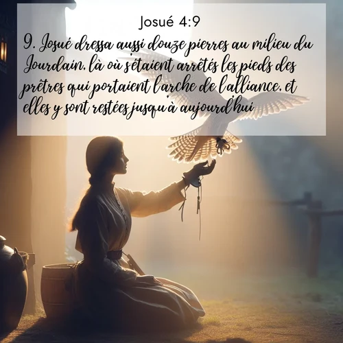 Segond21 Josué  ; image nature: image avec le verset biblique :Josué dressa aussi douze pierres au milieu du Jourdain, là où s&#039;étaient arrêtés les pieds des prêtres qui portaient l&#039;arche de l&#039;alliance, et elles y sont restées jusqu&#039;à aujourd&#039;hui. ;  ; 4:9