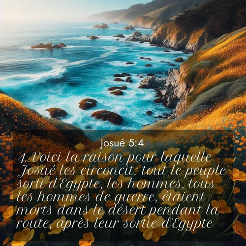 Segond21 Josué  ; image nature: image avec le verset biblique :Voici la raison pour laquelle Josué les circoncit: tout le peuple sorti d&#039;Egypte, les hommes, tous les hommes de guerre, étaient morts dans le désert pendant la route, après leur sortie d&#039;Egypte; ;  ; 5:4