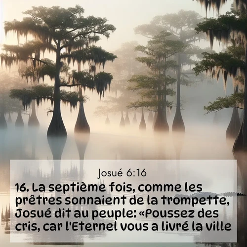 Segond21 Josué  ; image nature: image avec le verset biblique :La septième fois, comme les prêtres sonnaient de la trompette, Josué dit au peuple: «Poussez des cris, car l&#039;Eternel vous a livré la ville! ;  ; 6:16