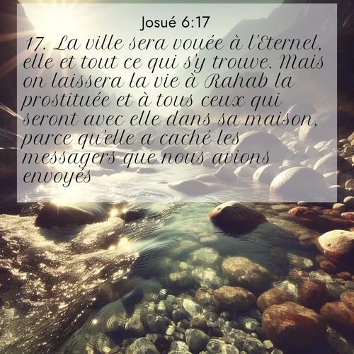 Segond21 Josué  ; image nature: image avec le verset biblique :La ville sera vouée à l&#039;Eternel, elle et tout ce qui s&#039;y trouve. Mais on laissera la vie à Rahab la prostituée et à tous ceux qui seront avec elle dans sa maison, parce qu&#039;elle a caché les messagers que nous avions envoyés. ;  ; 6:17