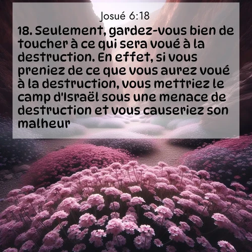 Segond21 Josué  ; image nature: image avec le verset biblique :Seulement, gardez-vous bien de toucher à ce qui sera voué à la destruction. En effet, si vous preniez de ce que vous aurez voué à la destruction, vous mettriez le camp d&#039;Israël sous une menace de destruction et vous causeriez son malheur. ;  ; 6:18