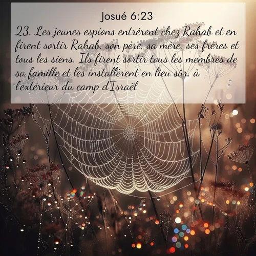 Segond21 Josué  ; image nature: image avec le verset biblique :Les jeunes espions entrèrent chez Rahab et en firent sortir Rahab, son père, sa mère, ses frères et tous les siens. Ils firent sortir tous les membres de sa famille et les installèrent en lieu sûr, à l&#039;extérieur du camp d&#039;Israël. ;  ; 6:23