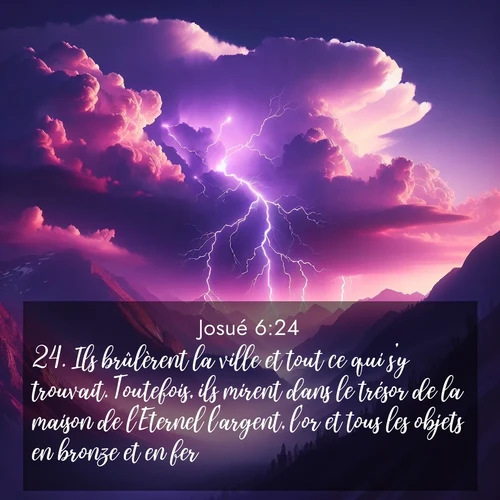 Segond21 Josué  ; image nature: image avec le verset biblique :Ils brûlèrent la ville et tout ce qui s&#039;y trouvait. Toutefois, ils mirent dans le trésor de la maison de l&#039;Eternel l&#039;argent, l&#039;or et tous les objets en bronze et en fer. ;  ; 6:24