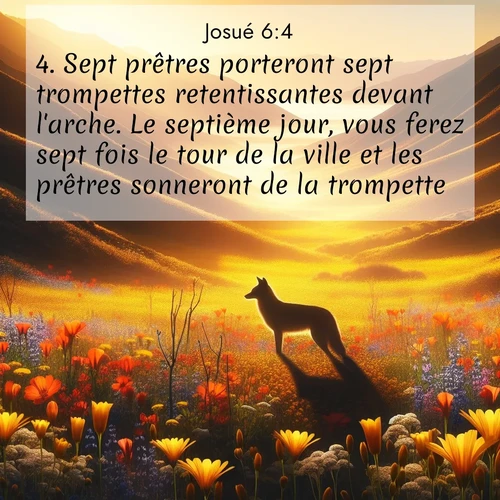 Segond21 Josué  ; image nature: image avec le verset biblique :Sept prêtres porteront sept trompettes retentissantes devant l&#039;arche. Le septième jour, vous ferez sept fois le tour de la ville et les prêtres sonneront de la trompette. ;  ; 6:4