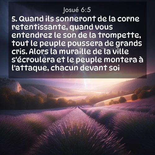 Segond21 Josué  ; image nature: image avec le verset biblique :Quand ils sonneront de la corne retentissante, quand vous entendrez le son de la trompette, tout le peuple poussera de grands cris. Alors la muraille de la ville s&#039;écroulera et le peuple montera à l&#039;attaque, chacun devant soi.» ;  ; 6:5