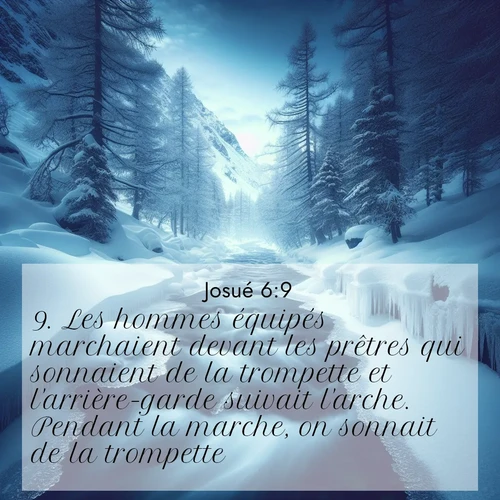 Segond21 Josué  ; image nature: image avec le verset biblique :Les hommes équipés marchaient devant les prêtres qui sonnaient de la trompette et l&#039;arrière-garde suivait l&#039;arche. Pendant la marche, on sonnait de la trompette. ;  ; 6:9