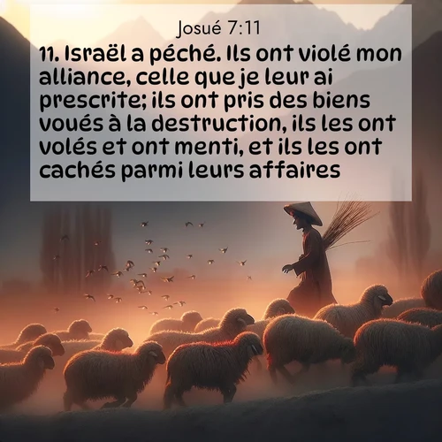 Segond21 Josué  ; image nature: image avec le verset biblique :Israël a péché. Ils ont violé mon alliance, celle que je leur ai prescrite; ils ont pris des biens voués à la destruction, ils les ont volés et ont menti, et ils les ont cachés parmi leurs affaires. ;  ; 7:11