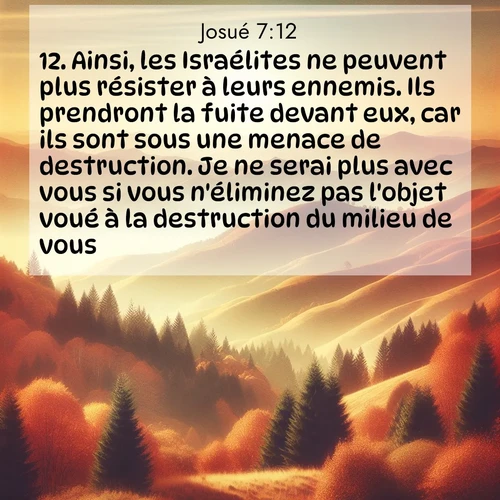 Segond21 Josué  ; image nature: image avec le verset biblique :Ainsi, les Israélites ne peuvent plus résister à leurs ennemis. Ils prendront la fuite devant eux, car ils sont sous une menace de destruction. Je ne serai plus avec vous si vous n&#039;éliminez pas l&#039;objet voué à la destruction du milieu de vous. ;  ; 7:12