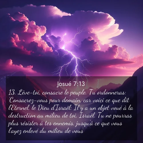 Segond21 Josué  ; image nature: image avec le verset biblique :Lève-toi, consacre le peuple. Tu ordonneras: &#039;Consacrez-vous pour demain, car voici ce que dit l&#039;Eternel, le Dieu d&#039;Israël: Il y a un objet voué à la destruction au milieu de toi, Israël. Tu ne pourras plus résister à tes ennemis, jusqu&#039;à ce que vous l&#039;ayez enlevé du milieu de vous.&#039; ;  ; 7:13