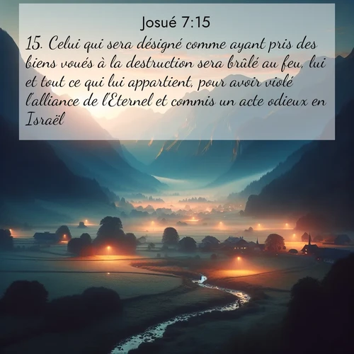 Segond21 Josué  ; image nature: image avec le verset biblique :Celui qui sera désigné comme ayant pris des biens voués à la destruction sera brûlé au feu, lui et tout ce qui lui appartient, pour avoir violé l&#039;alliance de l&#039;Eternel et commis un acte odieux en Israël.» ;  ; 7:15