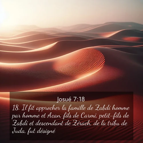 Segond21 Josué  ; image nature: image avec le verset biblique :Il fit approcher la famille de Zabdi homme par homme et Acan, fils de Carmi, petit-fils de Zabdi et descendant de Zérach, de la tribu de Juda, fut désigné. ;  ; 7:18