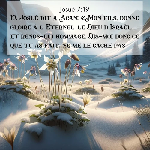 Segond21 Josué  ; image nature: image avec le verset biblique :Josué dit à Acan: «Mon fils, donne gloire à l&#039;Eternel, le Dieu d&#039;Israël, et rends-lui hommage. Dis-moi donc ce que tu as fait, ne me le cache pas.» ;  ; 7:19