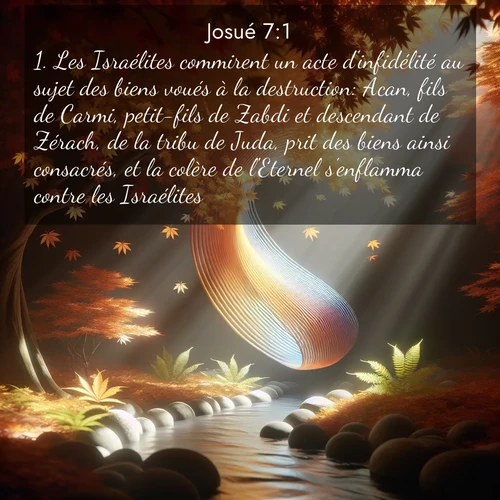 Segond21 Josué  ; image nature: image avec le verset biblique :Les Israélites commirent un acte d&#039;infidélité au sujet des biens voués à la destruction: Acan, fils de Carmi, petit-fils de Zabdi et descendant de Zérach, de la tribu de Juda, prit des biens ainsi consacrés, et la colère de l&#039;Eternel s&#039;enflamma contre les Israélites. ;  ; 7:1