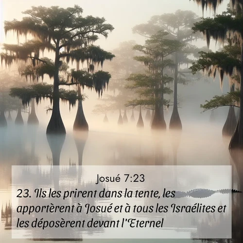 Segond21 Josué  ; image nature: image avec le verset biblique :Ils les prirent dans la tente, les apportèrent à Josué et à tous les Israélites et les déposèrent devant l&#039;Eternel. ;  ; 7:23