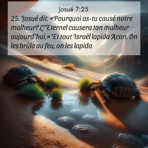 Segond21 Josué  ; image nature: image avec le verset biblique :Josué dit: «Pourquoi as-tu causé notre malheur? L&#039;Eternel causera ton malheur aujourd&#039;hui.» Et tout Israël lapida Acan. On les brûla au feu, on les lapida ;  ; 7:25