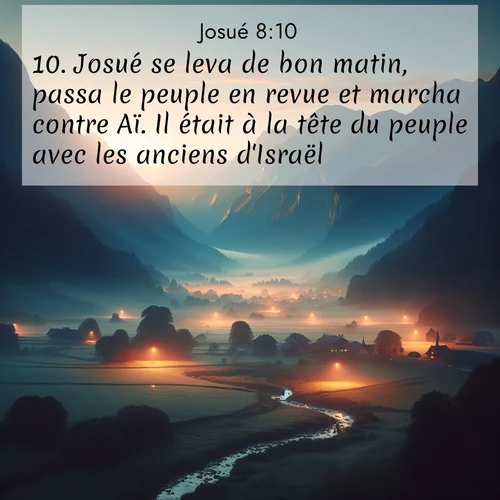 Segond21 Josué  ; image nature: image avec le verset biblique :Josué se leva de bon matin, passa le peuple en revue et marcha contre Aï. Il était à la tête du peuple avec les anciens d&#039;Israël. ;  ; 8:10